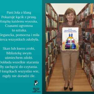 Zdjęcia osób pracujących w bibliotece z wierszykami